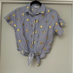 Striped Tie-Front Shirt with Lemon Print